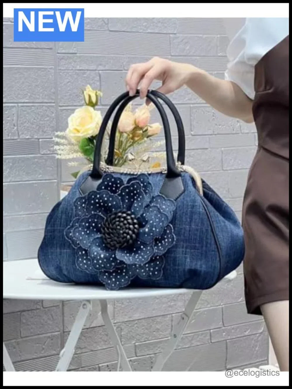 Denim Kiss Lock Tote Handbag Rhinestone Floral Clutch Crossbody Shoulder Bag